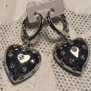White Gold Plated Heart Dangle Earrings with Crystal Accents - Women's Jewelry